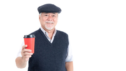 Portrait Asian senior man , old man , feel happy good health holding coffee cup isolated on white background - lifestyle senior male concept