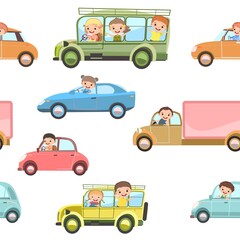 Children drive cars and bus. Seamless cartoon pattern. Kids motorists. Childrens background isolated. Various automobiles. Toy vehicle, motor and truck auto. Vector