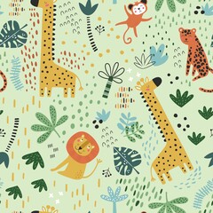 Seamless pattern with tropical animals. Creative nursery background. Perfect for kids design, fabric, wrapping, wallpaper, textile, apparel