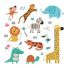 Naklejki  Vector set with tropical animals. Creative nursery background. Perfect for kids design, fabric, wrapping, wallpaper, textile, apparel