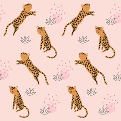 Leopard pattern with tropical leaves. Vector seamless texture. Creative kids texture for fabric, wrapping, textile, wallpaper, apparel.