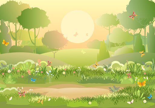 Glade. Amusing beautiful vegetation landscape. Sun. Cartoon style. Hills with grass and trees. Cool romantic pretty. Flat design background illustration. Vector art