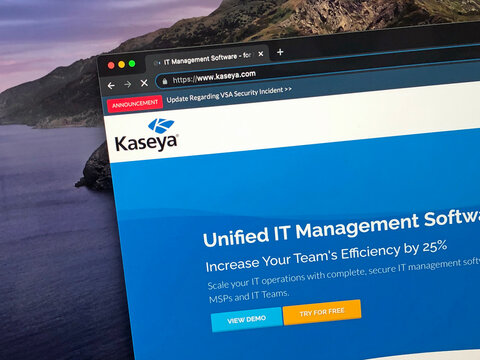 Miami, United States - July 3, 2021: Website Kaseya VSA, a software company providing remote monitoring and management (RMM) software. 