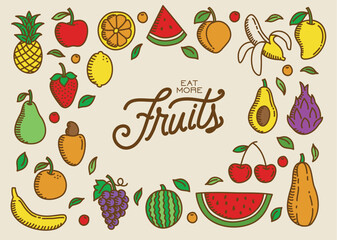 pack of icons fruits, banana, apple, watermelon, avocado, orange, strawberry, peach, lemon, cherry, grapes