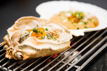 Kani miso Crab carapace grilled on charcoal stove