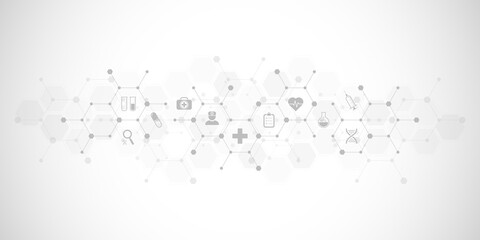 Illustration of medical background and healthcare technology with flat icons and symbols. Design template of concept and idea for health care business, innovation medicine, health safety, science