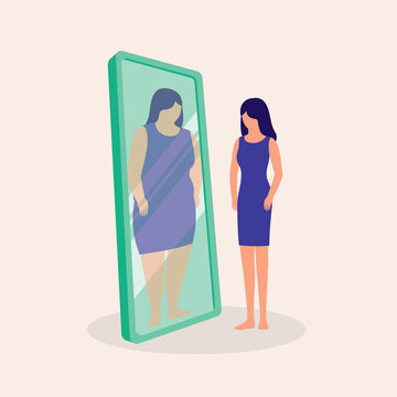 Young Skinny Woman Looking At Her Fat Reflection In Mirror. Anorexia Nervosa. Eating Disorder.