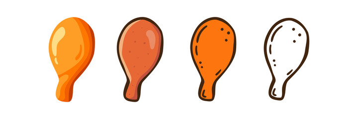 Set Fried Chicken leg  icon Design Template. Illustration vector graphic. cartoon.Flat design.Outline and colored style isolated on white background. Perfect for food concepts, diet infographics.