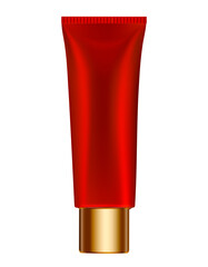 3d illustration of metallic red tube. Ointment or salve. Lotion, scrub or cream tube. Toothpaste. Vector mockup. Gold cap. Cosmetic mask	