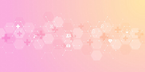 Illustration of medical background and healthcare technology with flat icons and symbols. Design template of concept and idea for health care business, innovation medicine, health safety, science