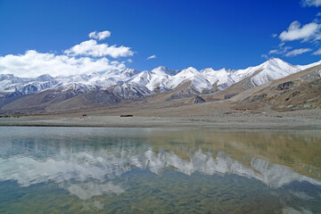 Landscape Nature Scene of Pangong tso or Pangong blue Lake with Himalaya Snow mountain background at Leh Ladakh ,Jammu and Kashmir , India  - unseen travel vacation park and outdoor