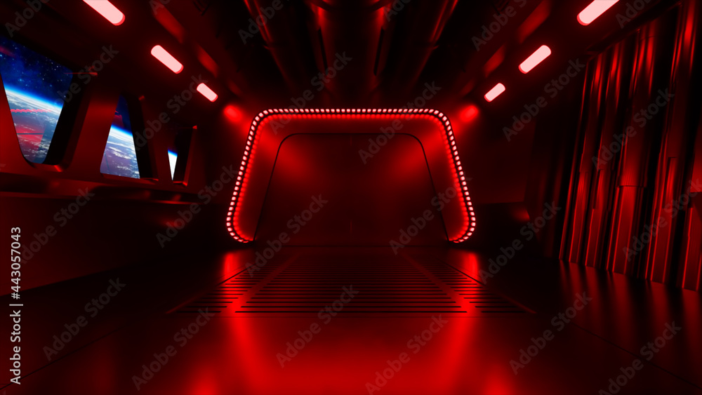 Poster sci-fi tunnel in outer space with neon light. planet earth outside the window of the spaceship. spac