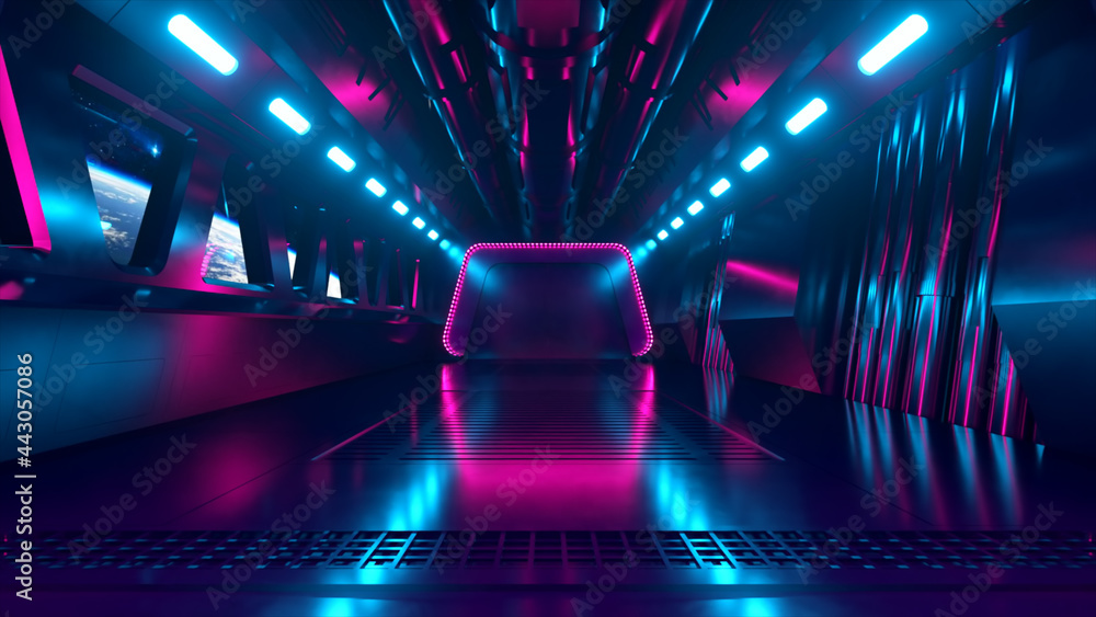 Poster sci-fi tunnel in outer space with neon light. planet earth outside the window of the spaceship. spac