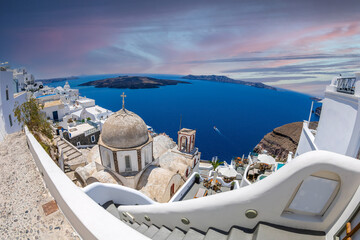 Architecture with domes, churches and hotels of Fira, Santorini island, Greece - obrazy, fototapety, plakaty
