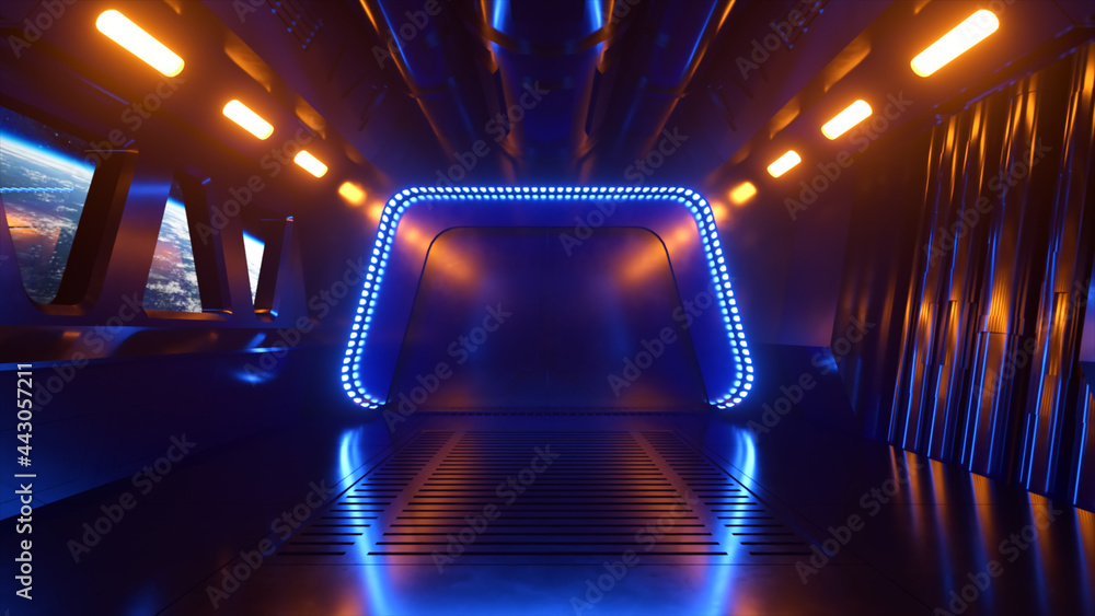 Poster sci-fi tunnel in outer space with neon light. planet earth outside the window of the spaceship. spac