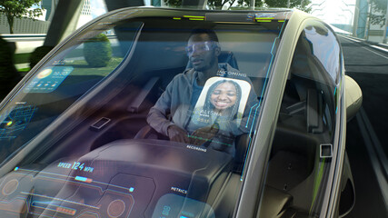 Black man riding anti gravity car and making video call