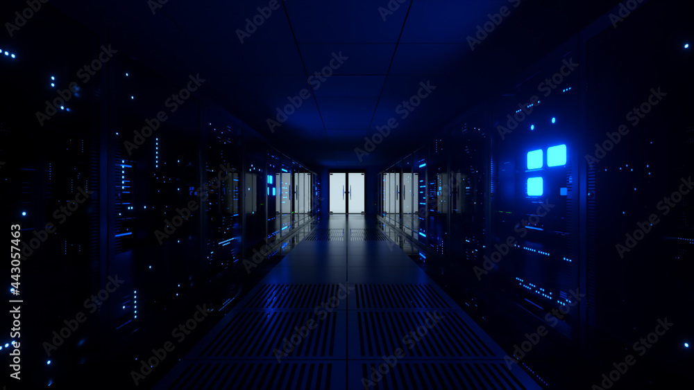 Poster digital data transmission to data servers behind glass panels in a data center server room. high spe