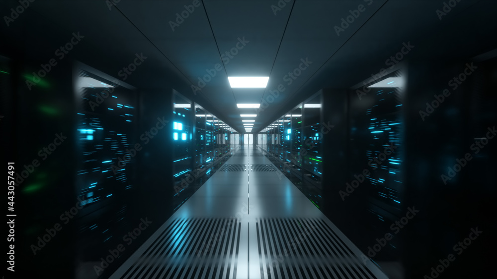 Aufkleber digital data transmission to data servers behind glass panels in a data center server room. high spe