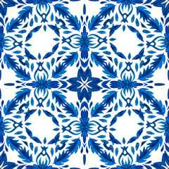 Fototapeta premium Seamless patchwork from Azulejo tiles. Portuguese and Spain decor in blue, white.