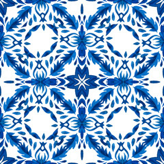 Seamless patchwork from Azulejo tiles. Portuguese and Spain decor in blue, white.