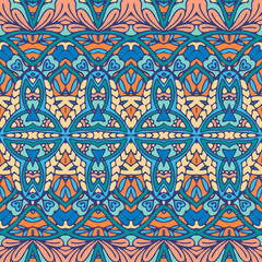 Ethnic boho geometric psychedelic colorful print with doodle Vector seamless pattern Bohemian style