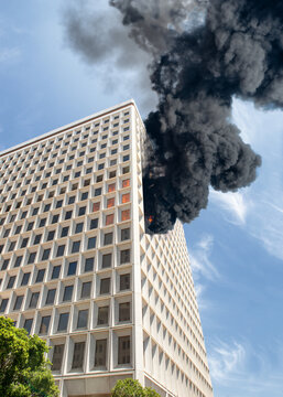 Black smoke from a fire in a skyscraper, City Hall, Los Angeles, California, USA