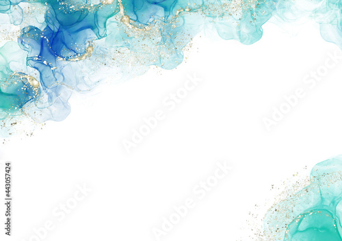 背景 テクスチャ アルコールインク 水彩 アート ラメ グリッター 金粉 青 エメラルドブルー Wall Mural Emmanma