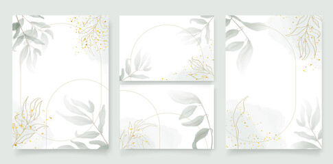 Luxury wedding invitation card background with golden arch shape line and botanical leaves, Watercolor splash. Vector invite design for wedding and vip cover template.Abstract art background vector.