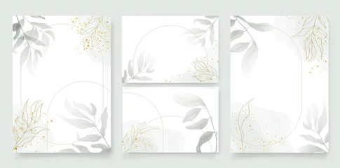 Rolgordijnen Luxury wedding invitation card background with golden arch shape line and botanical leaves, Watercolor splash. Vector invite design for wedding and vip cover template.Abstract art background vector. © ku4erashka