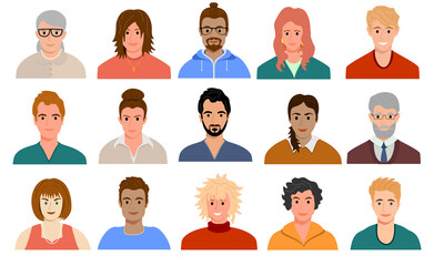 Multinational and mixed age people avatars. Portraits of diverse men and women of different races. Set of user profiles. Colored flat vector illustration