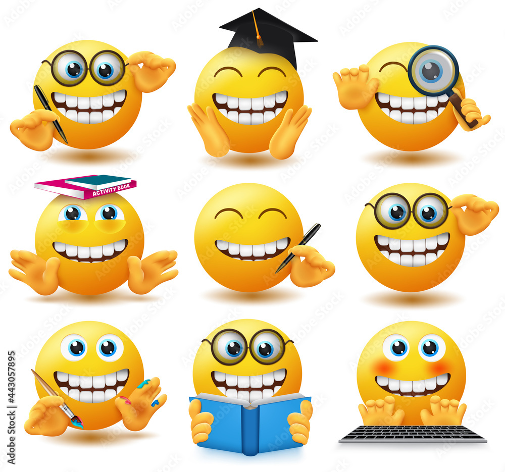 Poster smileys school student emoticon vector set. smiley emojis in happy and jolly expression with educati