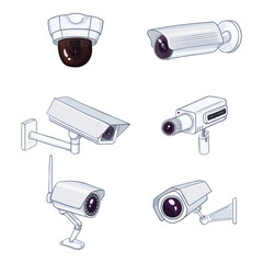 Set of CCTV Illustrations. Security Cameras. Video Surveillance Equipment.
