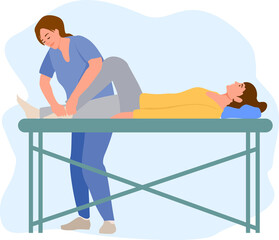 Physiotherapy rehabilitation assistance vector illustration. Patient lying on massage table therapist doing healing treatment massaging injured foot manual physical therapy rehabilitation concept