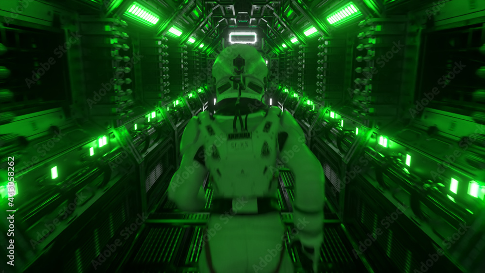 Poster astronaut runs through a tunnel to another compartment of the space gate. spaceship and technology c