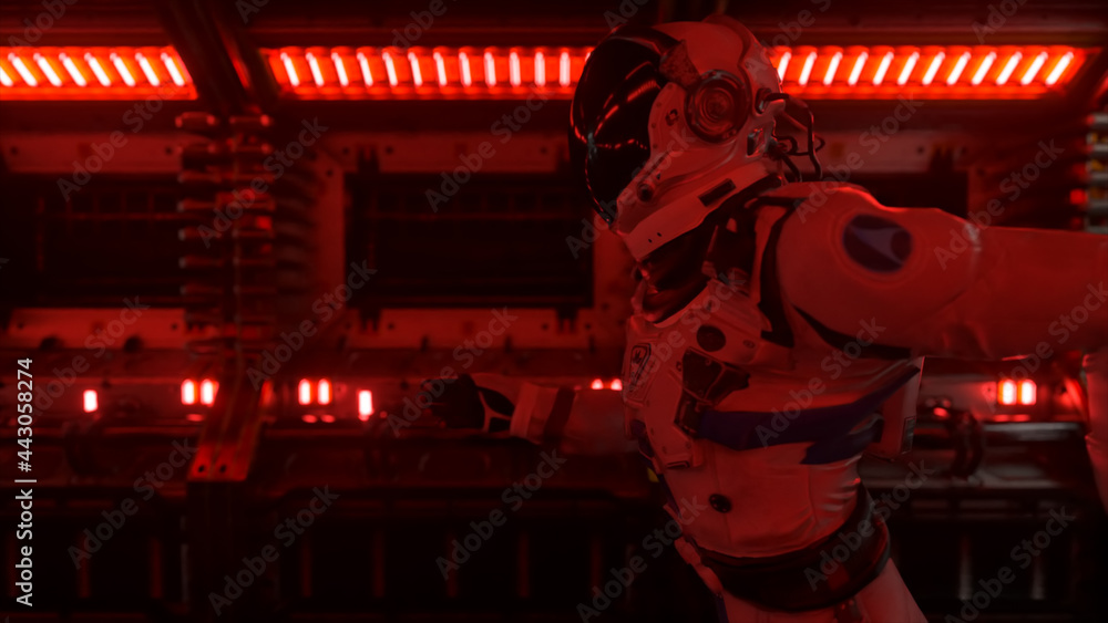 Poster astronaut runs through a tunnel to another compartment of the space gate. spaceship and technology c