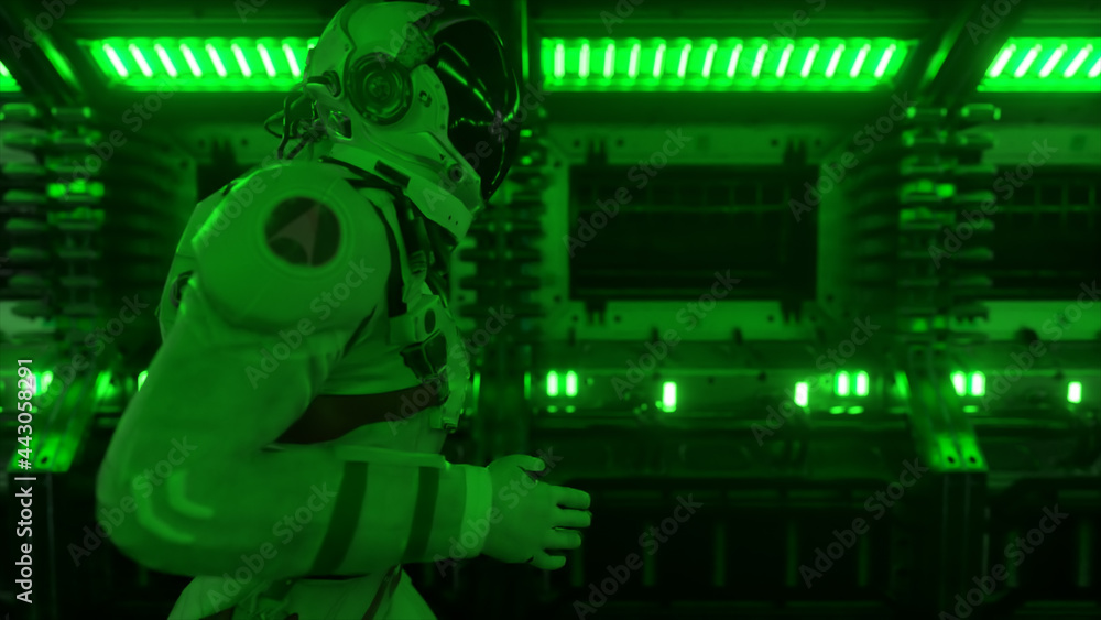 Poster astronaut runs through a tunnel to another compartment of the space gate. spaceship and technology c