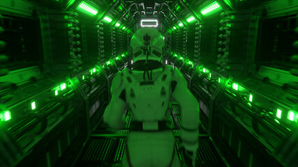 Astronaut runs through a tunnel to another compartment of the space gate. Spaceship and technology concept. 3d illustration