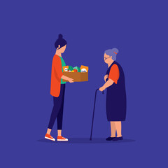 Young Woman Volunteer Giving Food To Senior Woman. Donation. Charity And Relief Work. Food Bank. Social Services. Community Outreach. Social Worker.