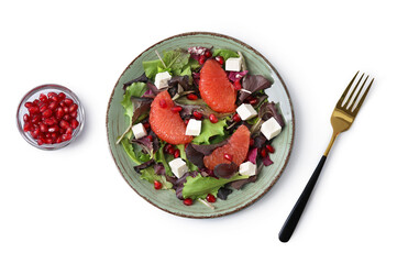 Plate with tasty grapefruit salad on white background
