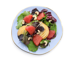 Plate with tasty grapefruit salad on white background
