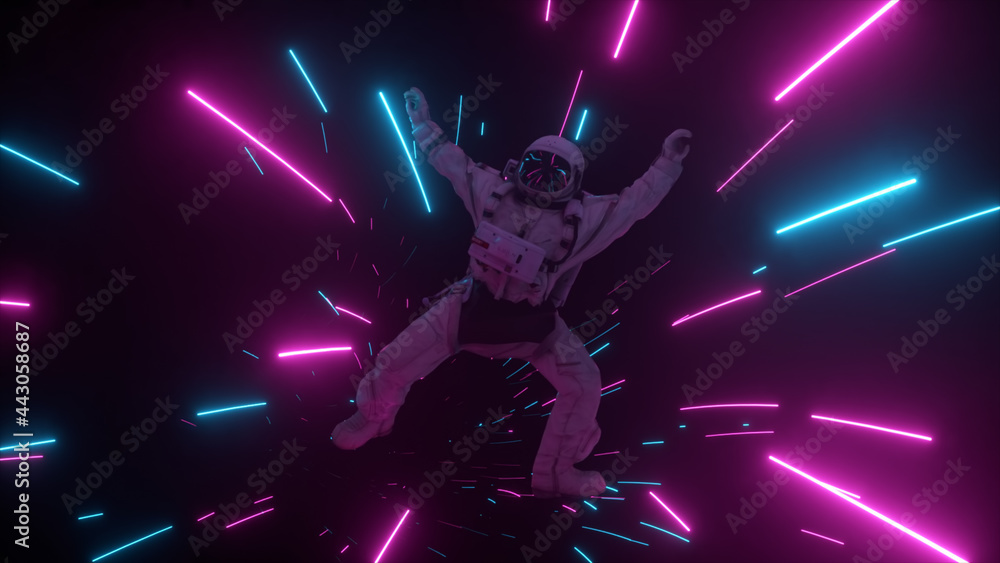 Poster astronaut falling in the corridor of a spaceship. sci-fi futuristic space tunnel vj for titles and b