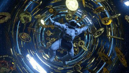 Falling astronaut in outer space surrounded by flying dogecoins. Cryptocurrency concept in space. Black hole. Interstellar. 3d illustration