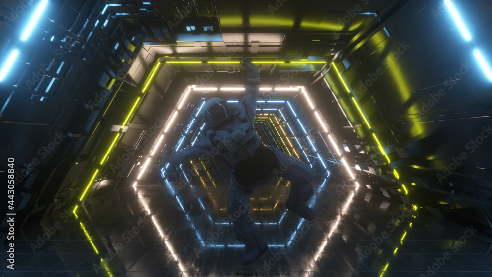 Poster astronaut falling in the corridor of a spaceship. sci-fi futuristic space tunnel vj for titles and b