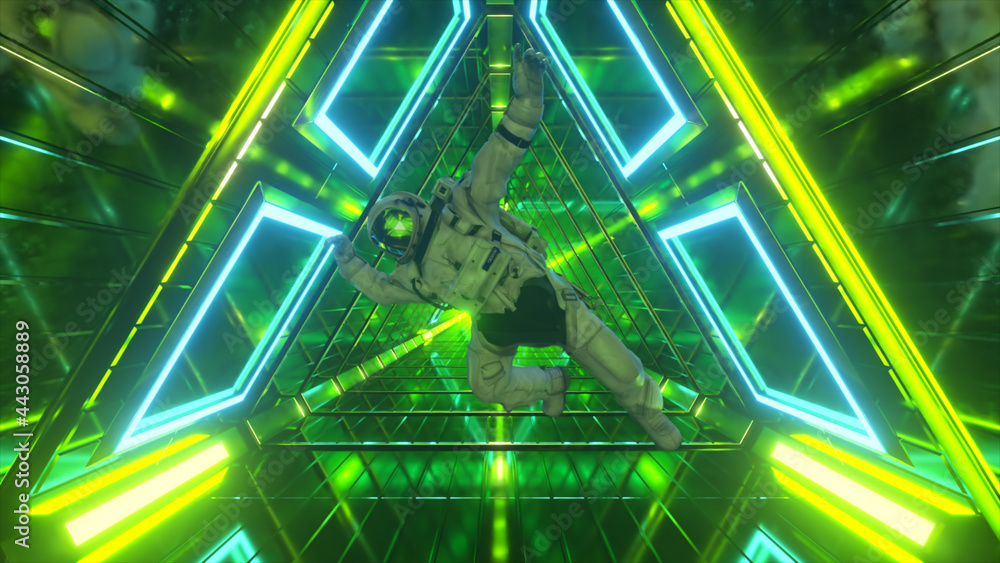 Poster astronaut falling in the corridor of a spaceship. sci-fi futuristic space tunnel vj for titles and b