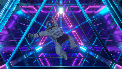 Astronaut falling in the corridor of a spaceship. Sci-Fi futuristic space tunnel VJ for titles and...