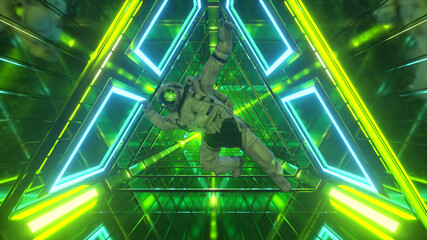 Astronaut falling in the corridor of a spaceship. Sci-Fi futuristic space tunnel VJ for titles and...