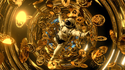Falling astronaut in outer space surrounded by flying dogecoins. Cryptocurrency concept in space....