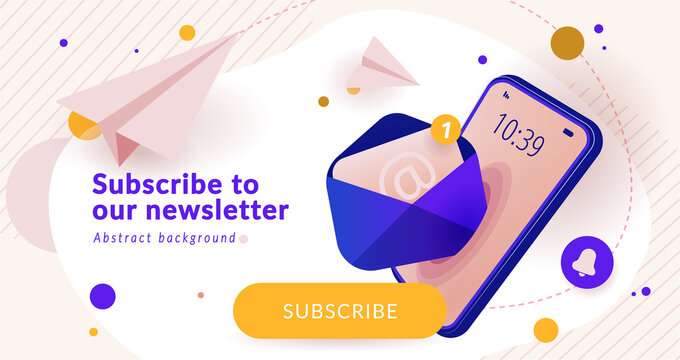 Newsletter subscription banner. Vector illustration for online marketing and business. Open envelope with letter coming out of smartphone screen and paper planes. Template for mailing and newsletter.