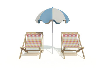 front view of bamboo beach chair isolated with umbrella sun cover on white background, native pattern painting into sea beach chair, image on 3d rendering with clipping path included