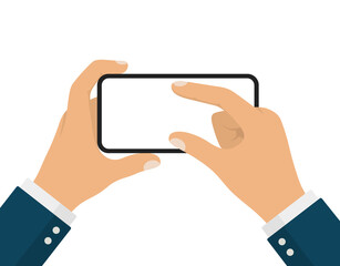 Businessman Hand Holding Smartphone Pinch for Zoom in Horizontal Position or Landscape Mode.